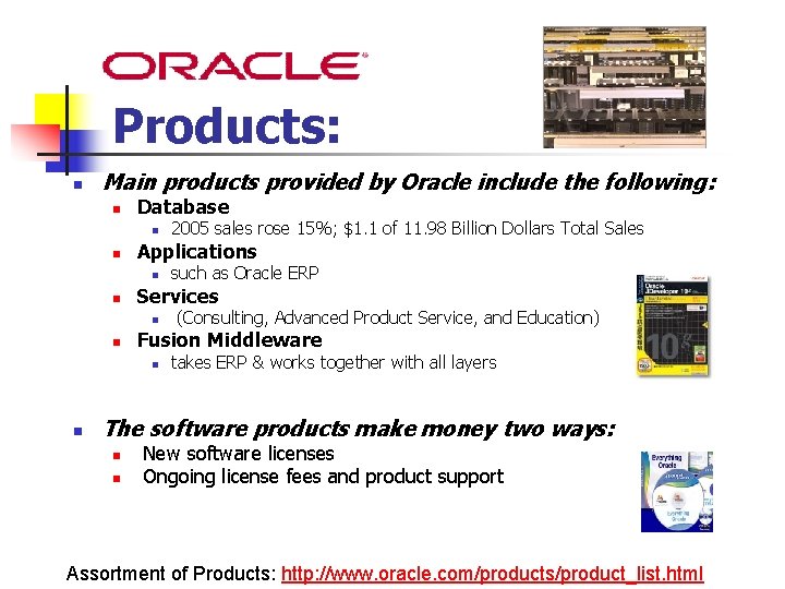 Products: n Main products provided by Oracle include the following: n Database n n