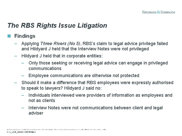 The RBS Rights Issue Litigation Findings – Applying Three Rivers (No 5), RBS’s claim