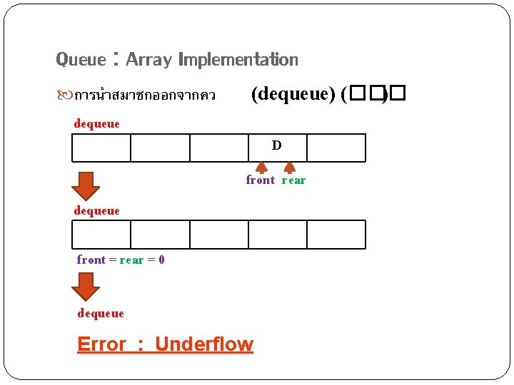 Queue : Array Implementation การนำสมาชกออกจากคว (dequeue) (��� ) dequeue D front rear dequeue front