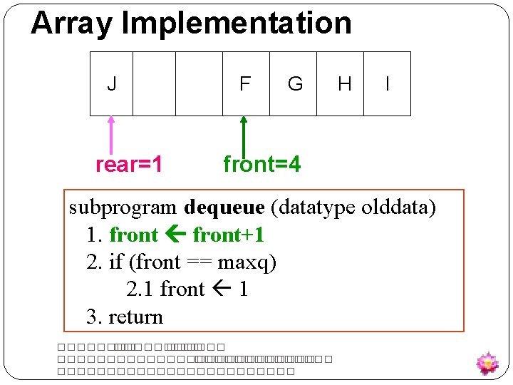 Array Implementation J rear=1 F G H I front=4 subprogram dequeue (datatype olddata) 1.