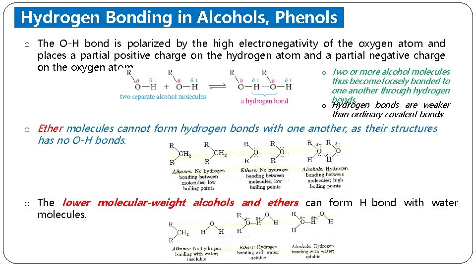 Hydrogen Bonding in Alcohols, Phenols and Ethers o The O-H bond is polarized by