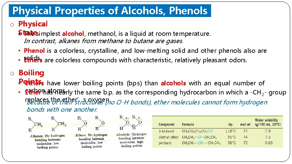 Physical Properties of Alcohols, Phenols and Ethers o Physical State • The simplest alcohol,