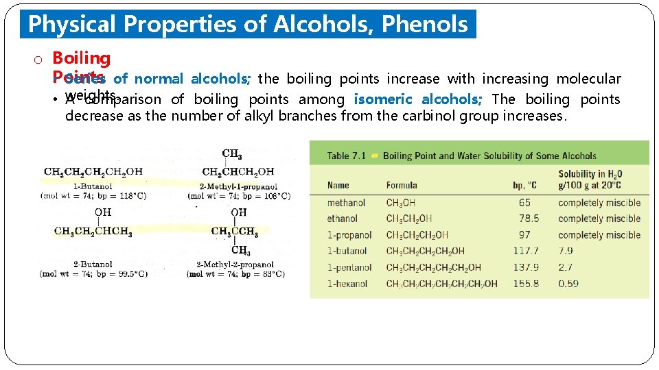 Physical Properties of Alcohols, Phenols and Ethers o Boiling Points • Series of normal