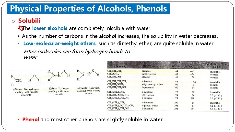 Physical Properties of Alcohols, Phenols and Ethers o Solubili • ty. The lower alcohols