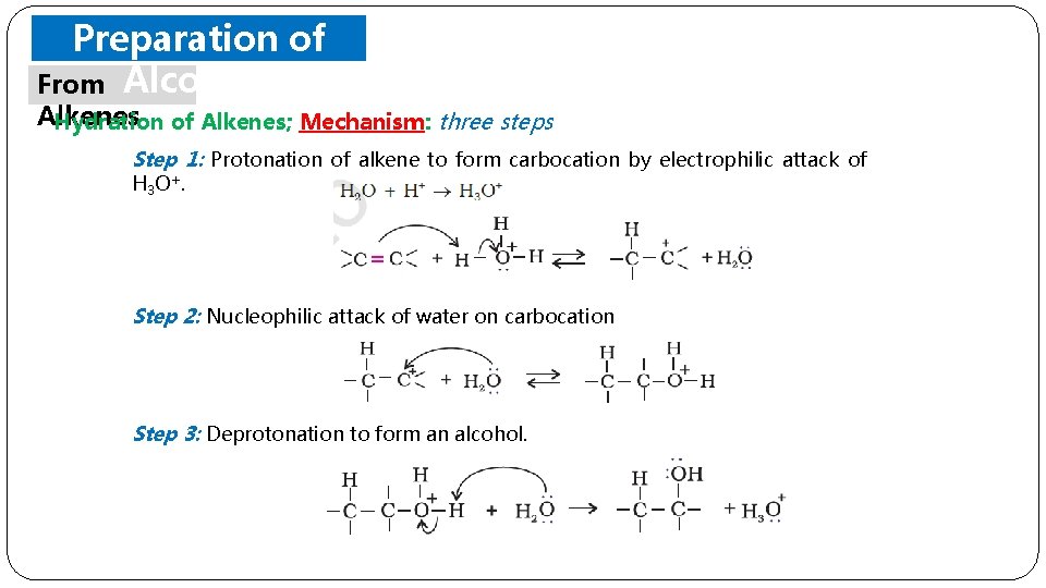Preparation of From Alcohols Alkenes Hydration of Alkenes; Mechanism: three steps Step 1: Protonation