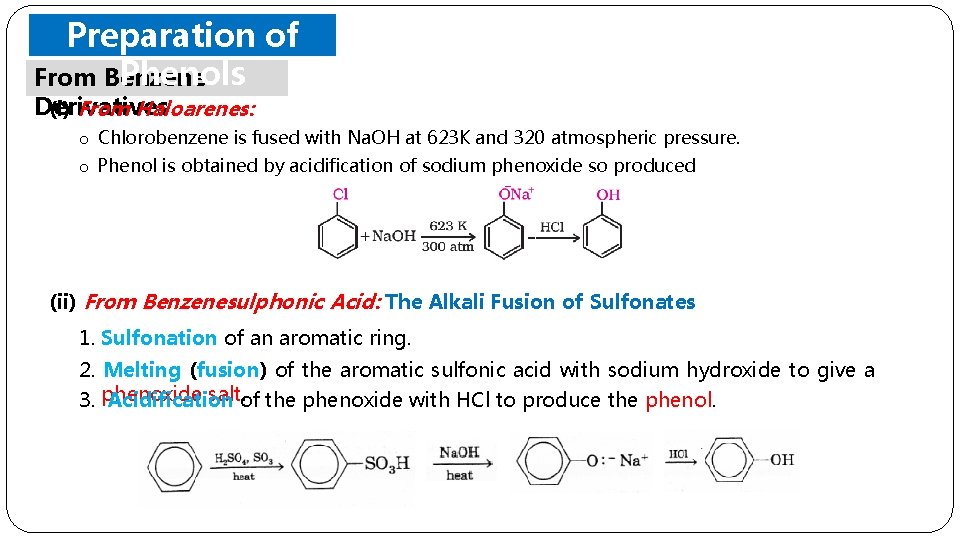Preparation of Phenols From Benzene Derivatives (i) From Haloarenes: o Chlorobenzene is fused with