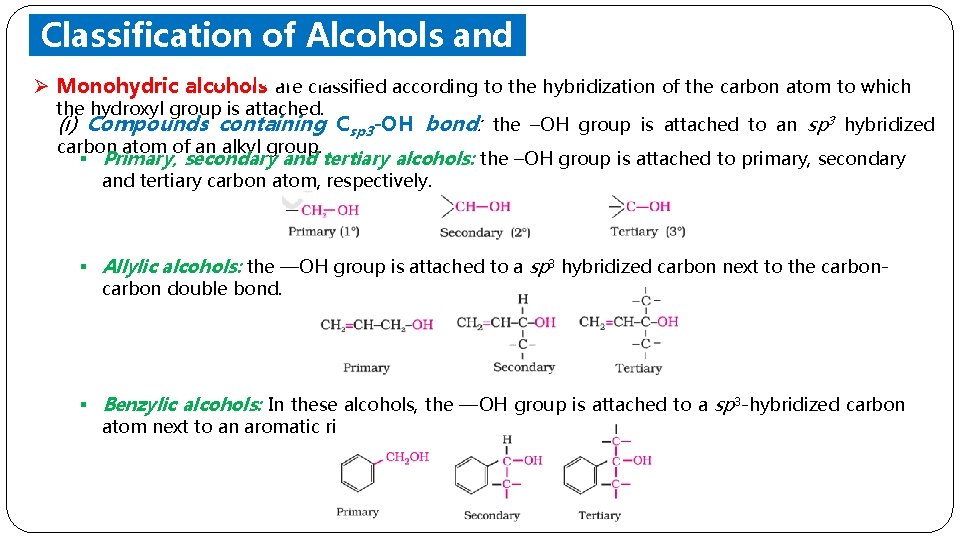 Classification of Alcohols and Phenols Ø Monohydric alcohols are classified according to the hybridization