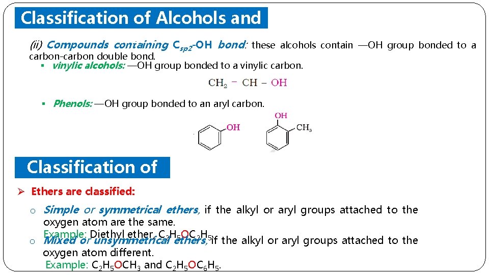 Classification of Alcohols and (ii) Compounds Phenols containing Csp 2 -OH bond: these alcohols