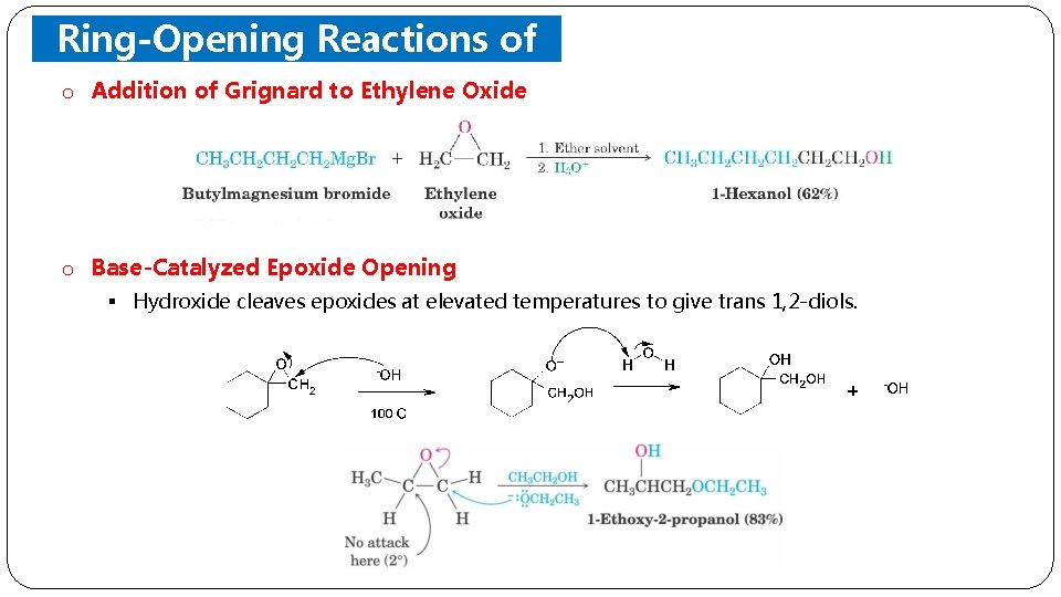 Ring-Opening Reactions of o Addition of. Epoxides Grignard to Ethylene Oxide o Base-Catalyzed Epoxide