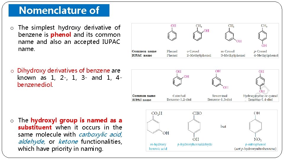 o Nomenclature of Phenols The simplest hydroxy derivative of benzene is phenol and its