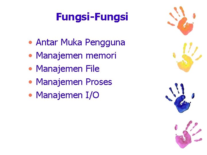 Fungsi-Fungsi • • • Antar Muka Pengguna Manajemen memori Manajemen File Manajemen Proses Manajemen