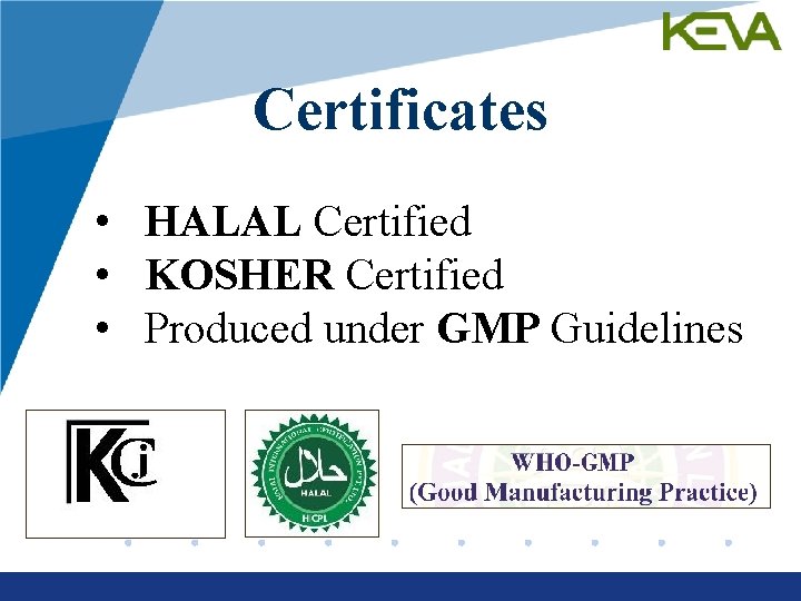 Certificates • HALAL Certified • KOSHER Certified • Produced under GMP Guidelines www. company.