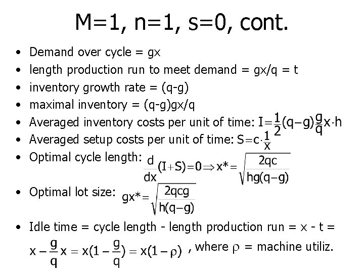 M=1, n=1, s=0, cont. • • Demand over cycle = gx length production run