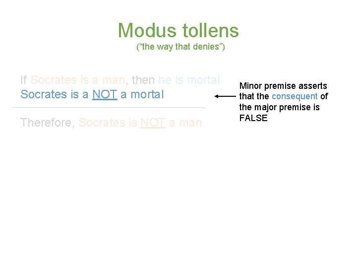 Modus tollens (“the way that denies”) If Socrates is a man, then he is