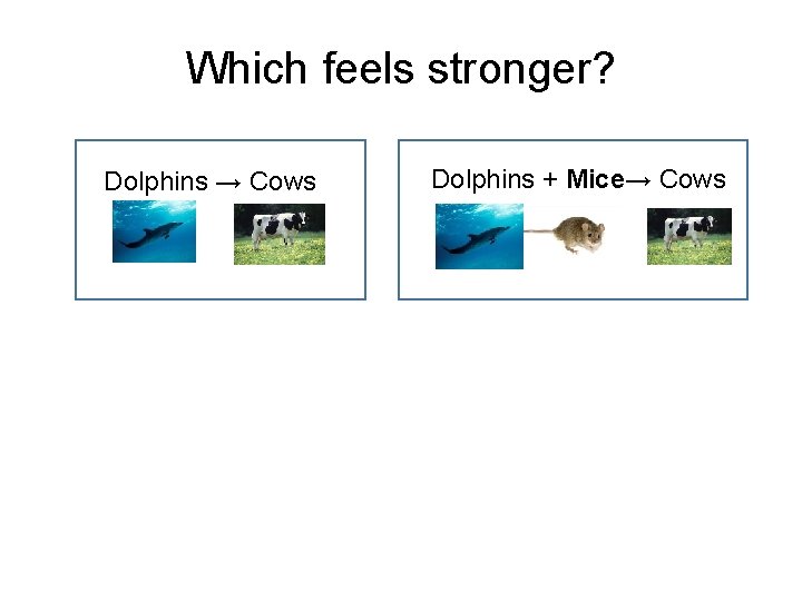 Which feels stronger? Dolphins → Cows Dolphins + Mice→ Cows 