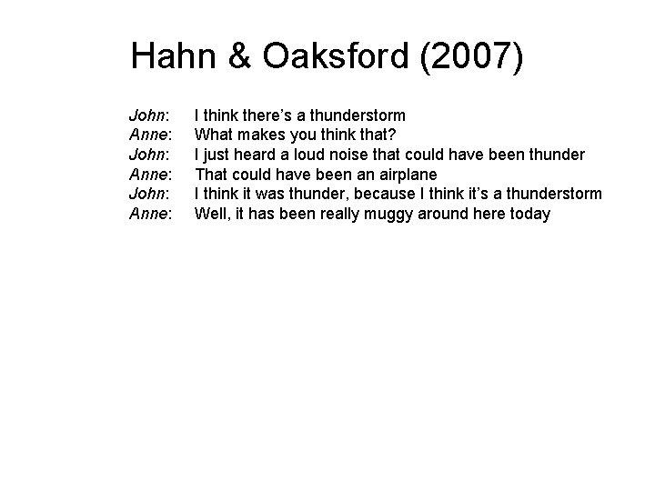 Hahn & Oaksford (2007) John: Anne: I think there’s a thunderstorm What makes you
