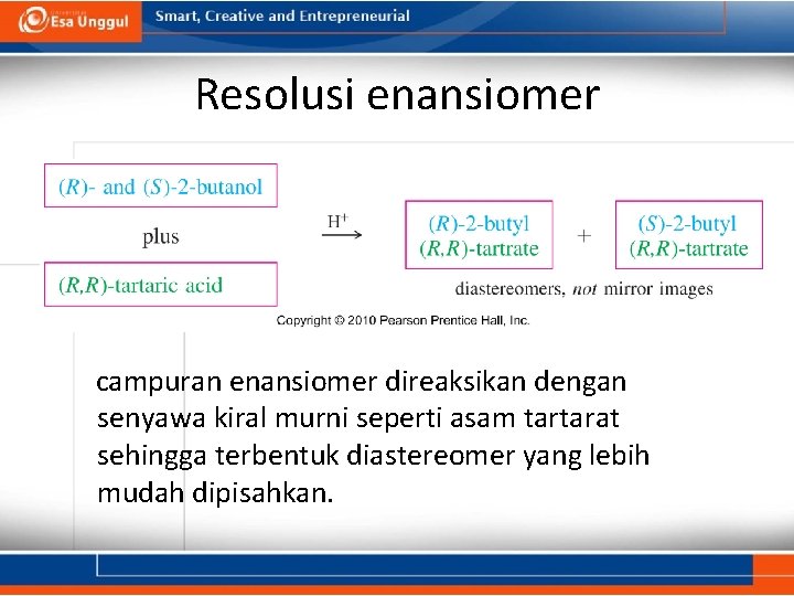 Resolusi enansiomer campuran enansiomer direaksikan dengan senyawa kiral murni seperti asam tartarat sehingga terbentuk