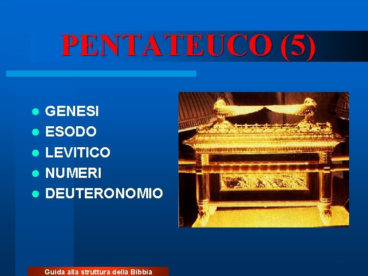 PENTATEUCO (5) l l l GENESI ESODO LEVITICO NUMERI DEUTERONOMIO ritardo Guida alla struttura