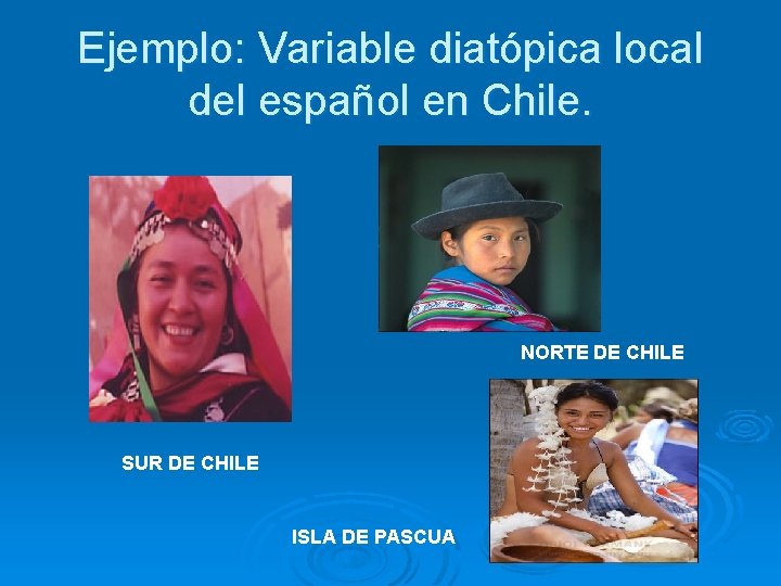 Ejemplo: Variable diatópica local del español en Chile. NORTE DE CHILE SUR DE CHILE