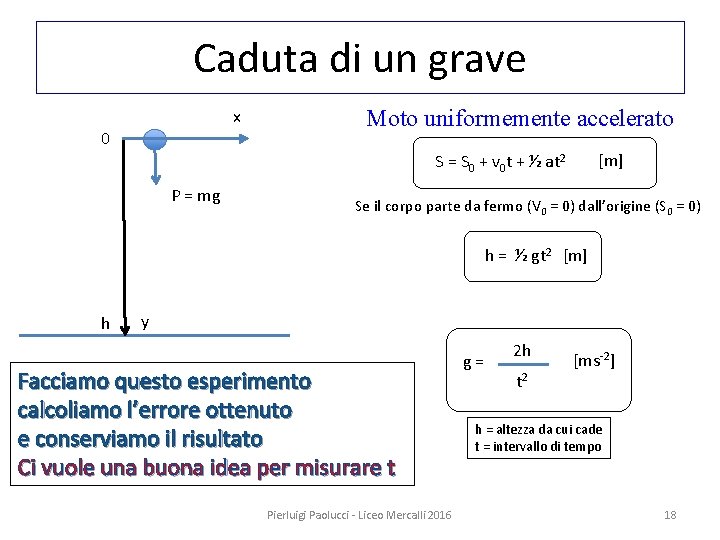 Caduta di un grave x 0 Moto uniformemente accelerato [m] S = S 0