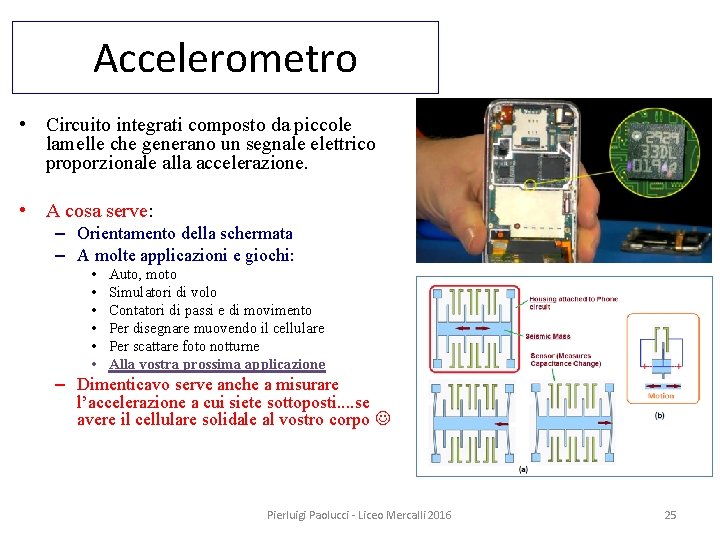 Accelerometro • Circuito integrati composto da piccole lamelle che generano un segnale elettrico proporzionale