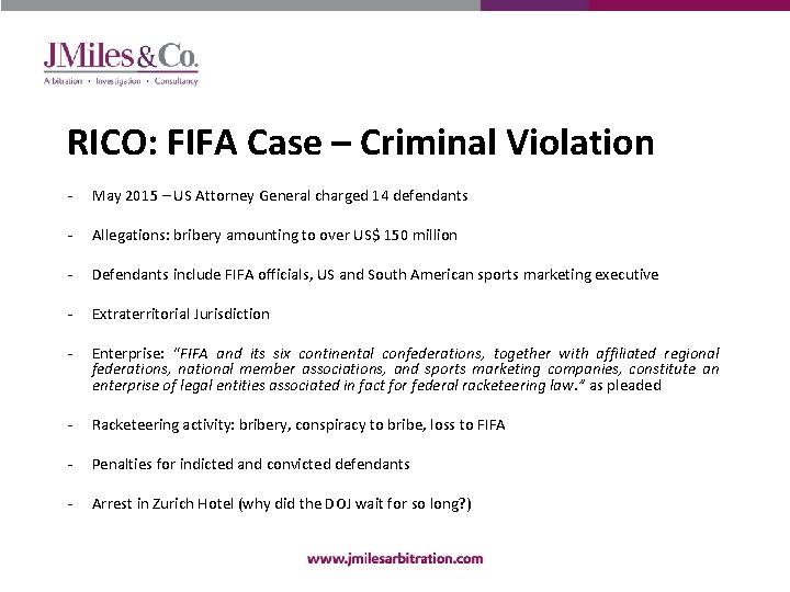 RICO: FIFA Case – Criminal Violation - May 2015 – US Attorney General charged