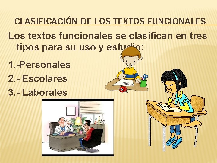 CLASIFICACIÓN DE LOS TEXTOS FUNCIONALES Los textos funcionales se clasifican en tres tipos para