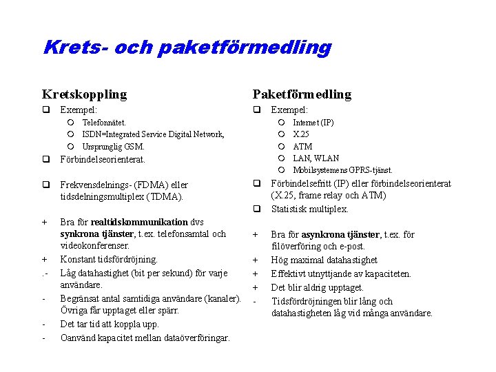 Krets- och paketförmedling Kretskoppling Paketförmedling q Exempel: m Telefonnätet. m ISDN=Integrated Service Digital Network,