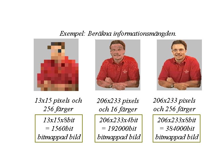 Exempel: Beräkna informationsmängden. 13 x 15 pixels och 256 färger 206 x 233 pixels