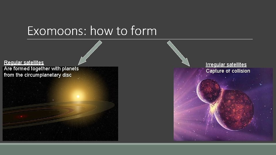 Exomoons: how to form Regular satellites Are formed together with planets from the circumplanetary