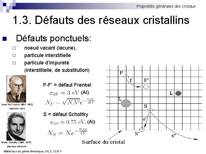 Propriétés générales des cristaux 1. 3. Défauts des réseaux cristallins n Défauts ponctuels: ¨