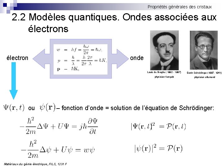 Propriétés générales des cristaux 2. 2 Modèles quantiques. Ondes associées aux électrons électron ou