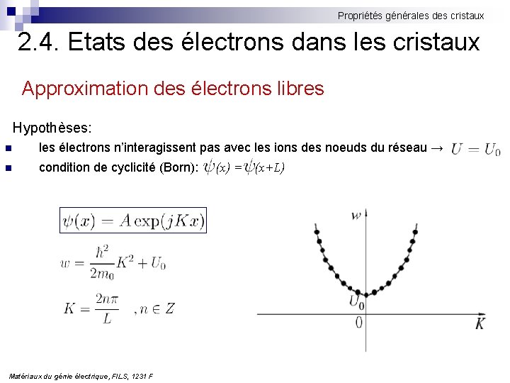 Propriétés générales des cristaux 2. 4. Etats des électrons dans les cristaux Approximation des