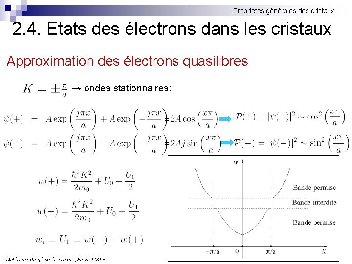 Propriétés générales des cristaux 2. 4. Etats des électrons dans les cristaux Approximation des