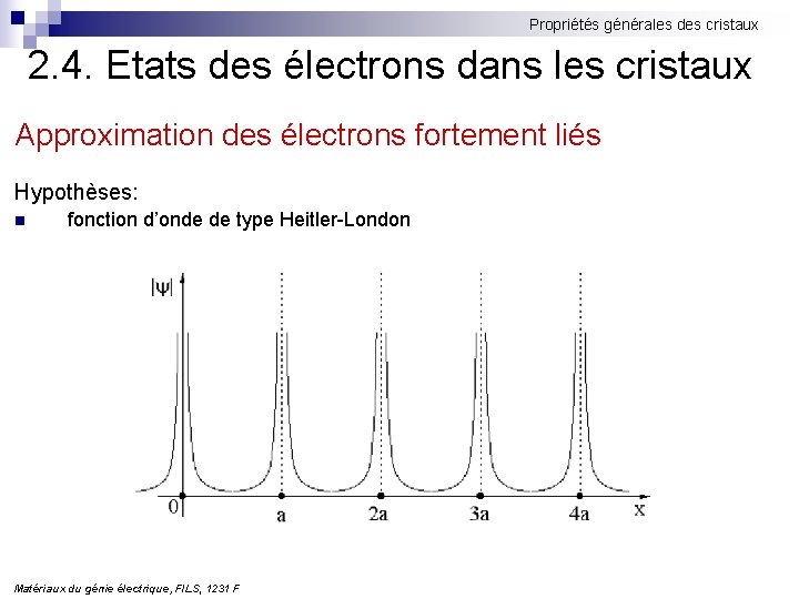 Propriétés générales des cristaux 2. 4. Etats des électrons dans les cristaux Approximation des