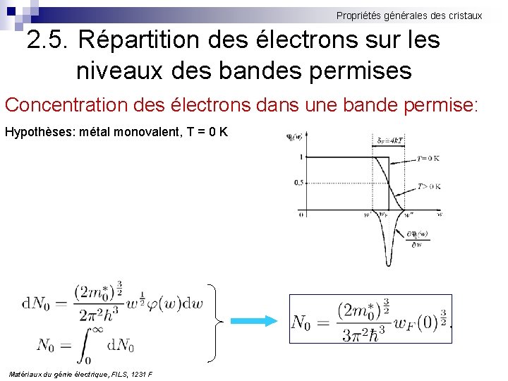 Propriétés générales des cristaux 2. 5. Répartition des électrons sur les niveaux des bandes