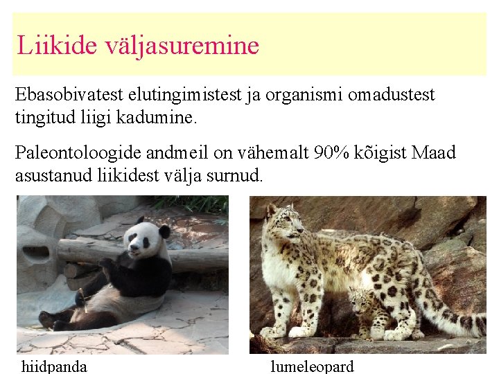 Liikide väljasuremine Ebasobivatest elutingimistest ja organismi omadustest tingitud liigi kadumine. Paleontoloogide andmeil on vähemalt