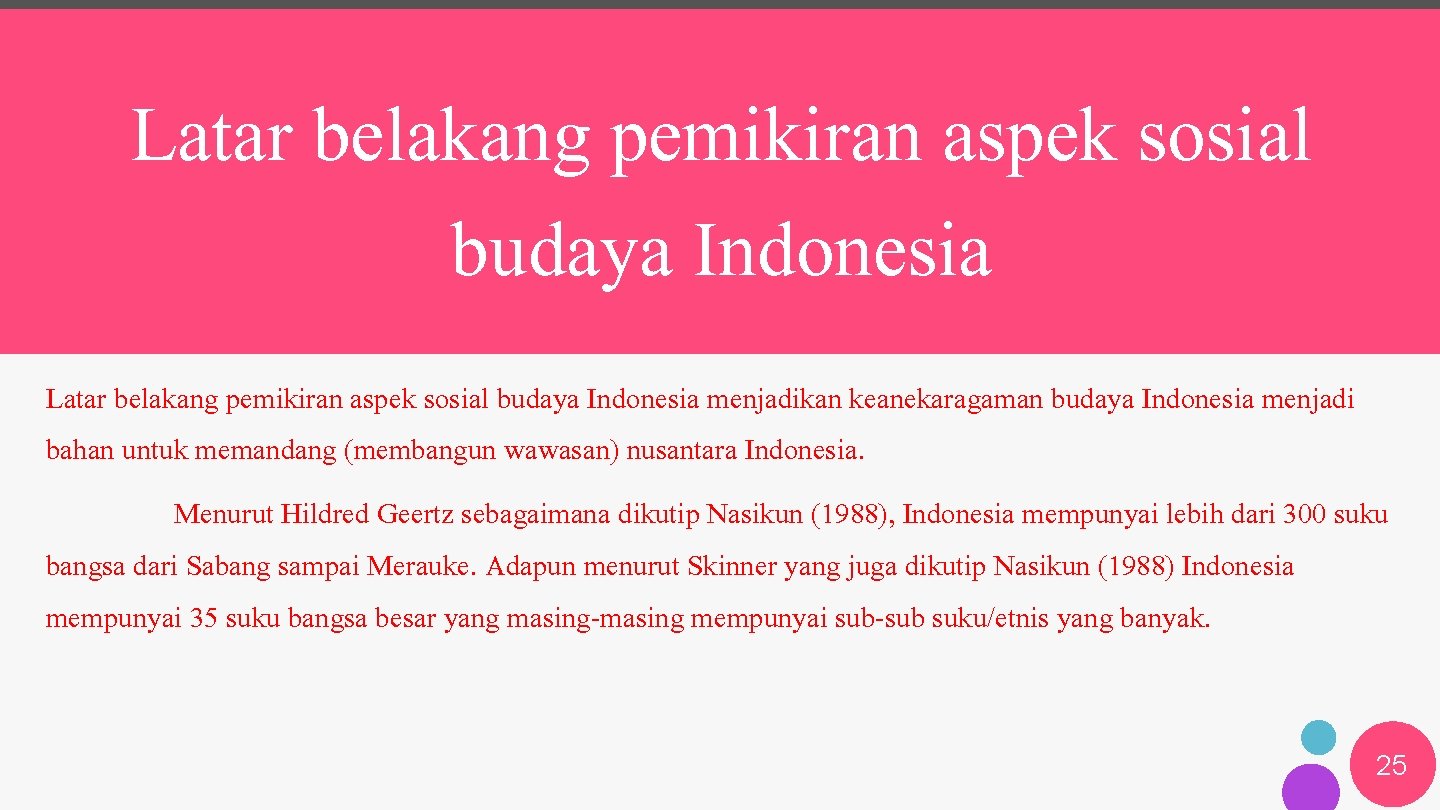 Latar belakang pemikiran aspek sosial budaya Indonesia menjadikan keanekaragaman budaya Indonesia menjadi bahan untuk