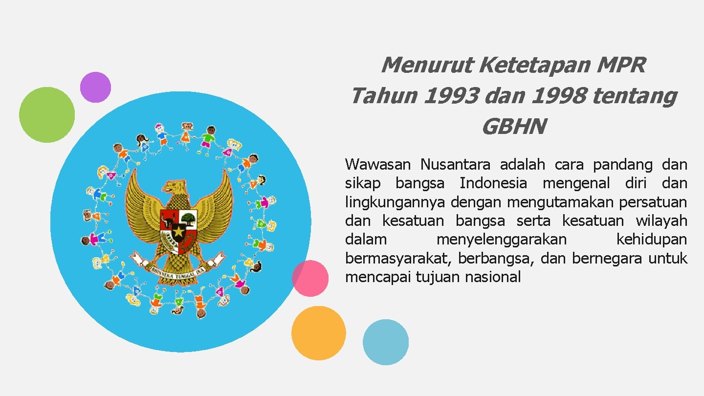 Menurut Ketetapan MPR Tahun 1993 dan 1998 tentang GBHN Wawasan Nusantara adalah cara pandang