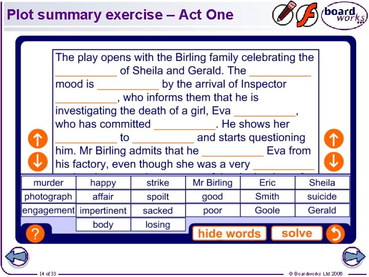 Plot summary exercise – Act One 14 of 33 © Boardworks Ltd 2006 