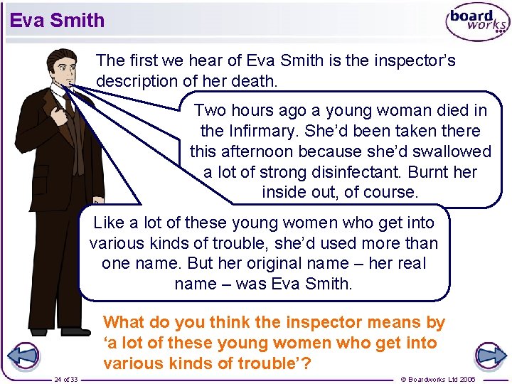 Eva Smith The first we hear of Eva Smith is the inspector’s description of