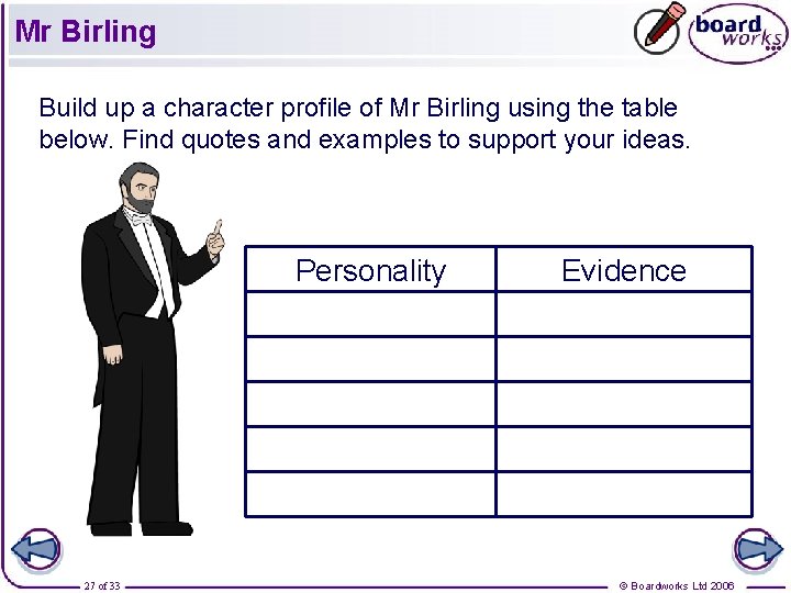 Mr Birling Build up a character profile of Mr Birling using the table below.