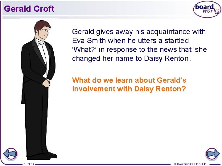 Gerald Croft Gerald gives away his acquaintance with Eva Smith when he utters a