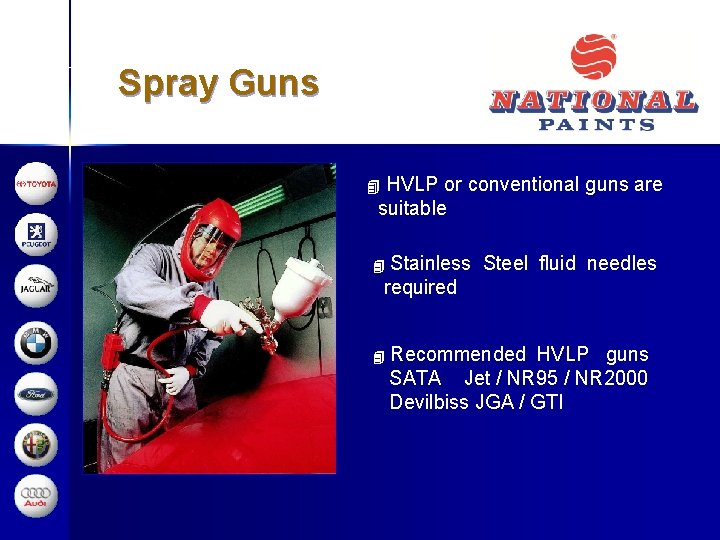 Spray Guns HVLP or conventional guns are suitable 4 Stainless Steel fluid needles required
