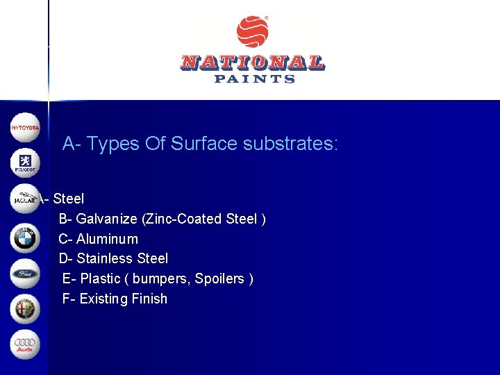 A- Types Of Surface substrates: A- Steel B- Galvanize (Zinc-Coated Steel ) C- Aluminum