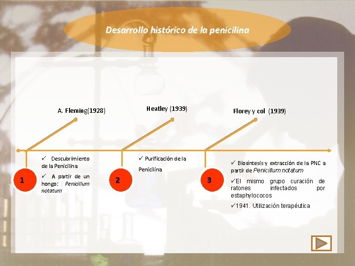 Desarrollo histórico de la penicilina Heatley (1939) A. Fleming(1928) ü Descubrimiento de la Penicilina