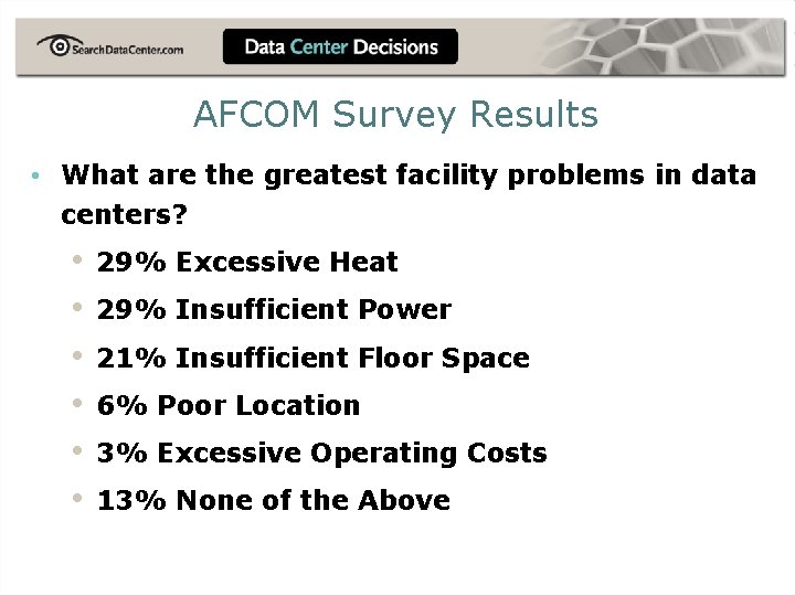 AFCOM Survey Results • What are the greatest facility problems in data centers? •