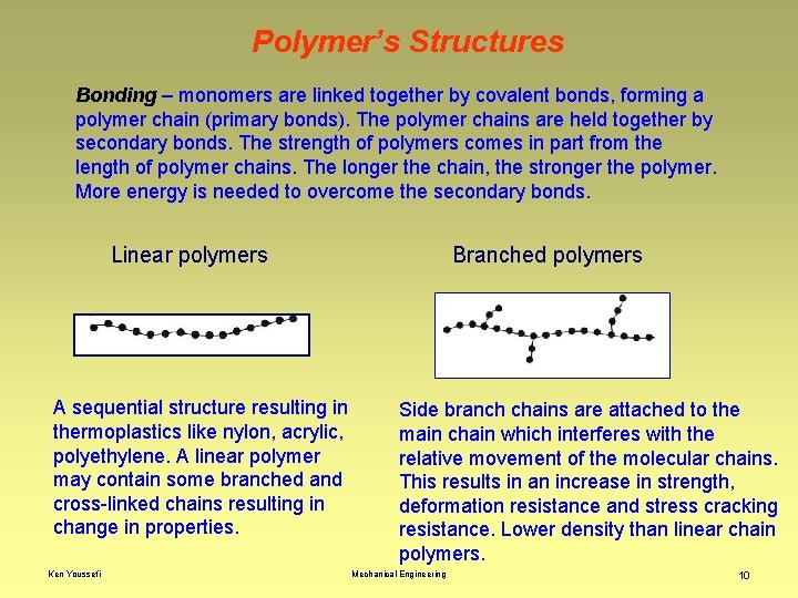 Polymer’s Structures Bonding – monomers are linked together by covalent bonds, forming a polymer