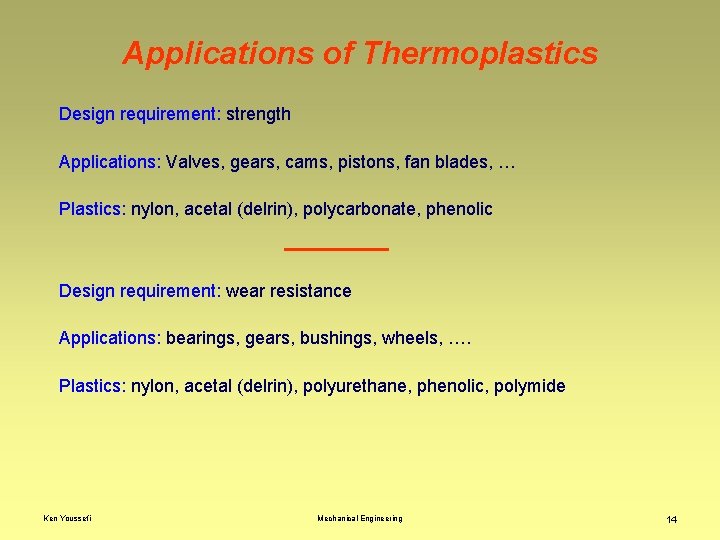 Applications of Thermoplastics Design requirement: strength Applications: Valves, gears, cams, pistons, fan blades, …
