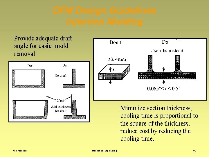 DFM Design Guidelines Injection Molding Provide adequate draft angle for easier mold removal. Minimize